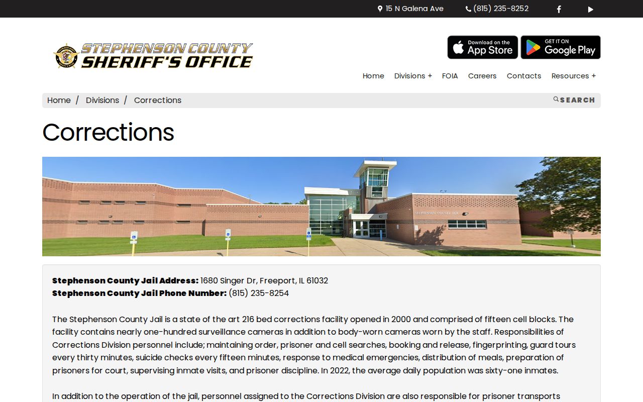 Stephenson County Jail release records and Corrections page