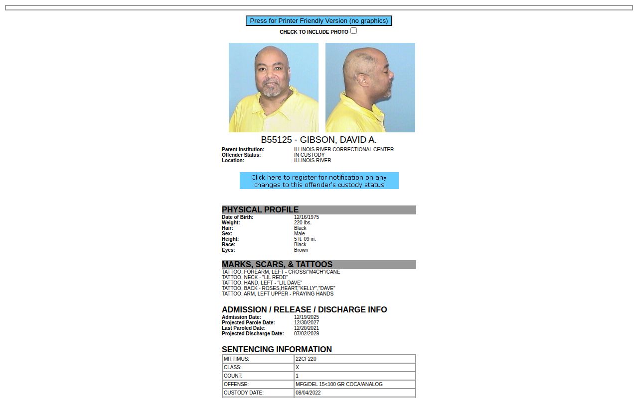 IDOC profile showing projected parole and discharge fields